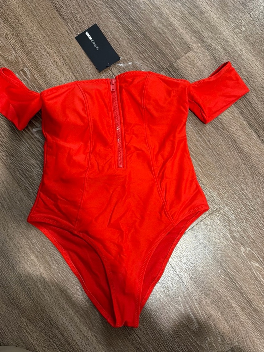 Fashion Nova Off-Shoulder One-Piece Swimsuit in Red